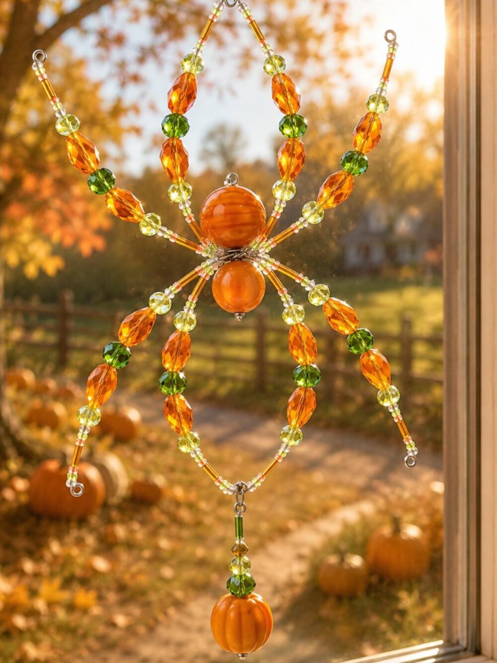 Hand Crafted "Pumpkin Patch" Beaded Spider Sun Catcher